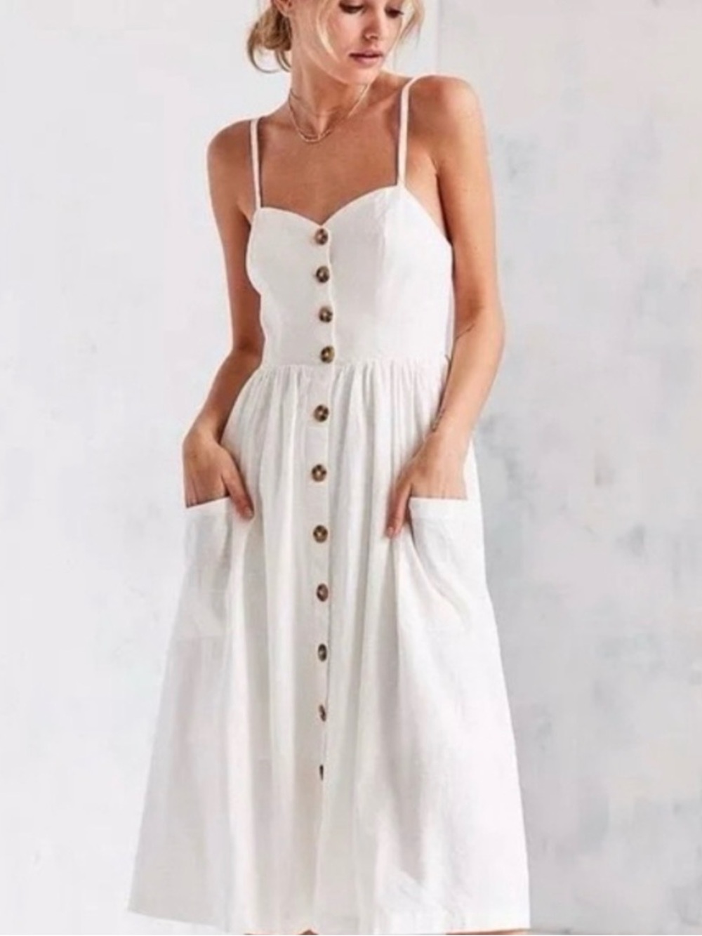 Urban Outfitters White Button-Front Spaghetti Strap Midi Dress
